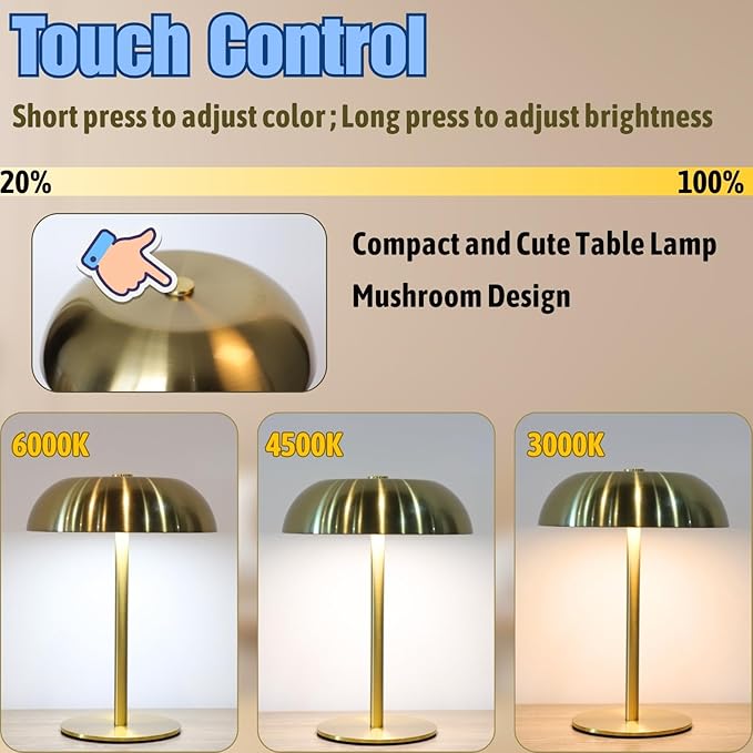 Portable LED Mushroom Table Lamp, Cordless Desk Night Light with 5200mAh Rechargeable Battery, Stepless Dimming Small Lamp with 3 Color and Brightness Control for Bedroom/Patio/Bar/Coffee shop (Black)