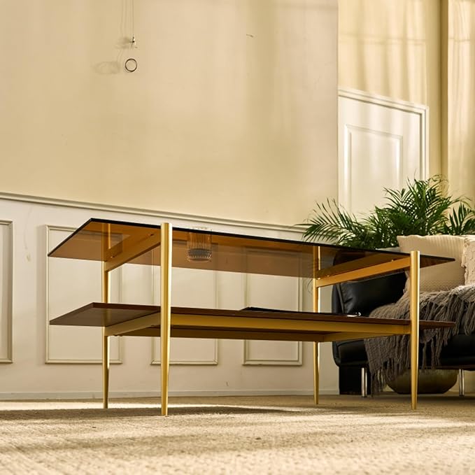 Saint Mossi Tadio Double Layer Glass Coffee Table for Living Room, Brown Glass & Coffee Brown MDF Bottom Shelf | Double Layer, for Living Room, Bottom Shelf