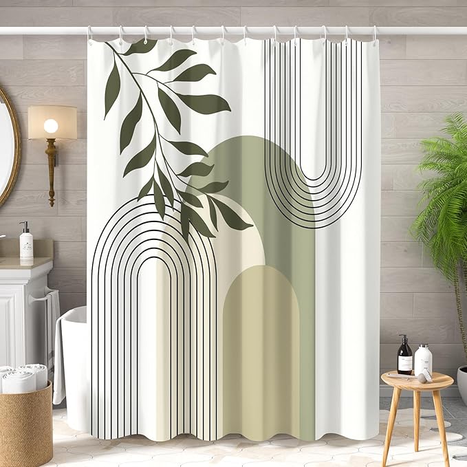 Boho Sage Green Shower Curtain Mid Century Modern Abstract Plant Botanical Bathroom Curtain Minimalist Neutral Geometric Arch Bath Decor Polyester Set with Hooks 48x72 inch