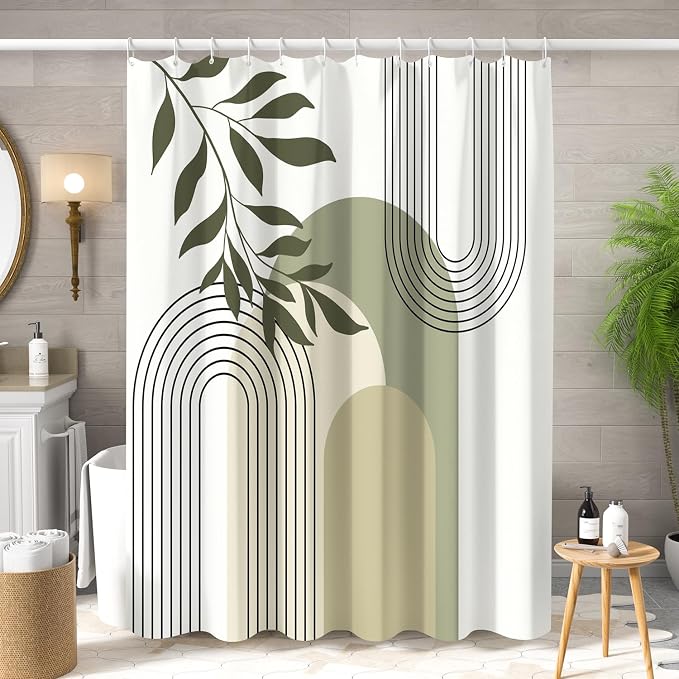 Boho Sage Green Shower Curtain Mid Century Modern Abstract Plant Botanical Bathroom Curtain Minimalist Neutral Geometric Arch Bath Decor Polyester Set with Hooks 60x72 inch