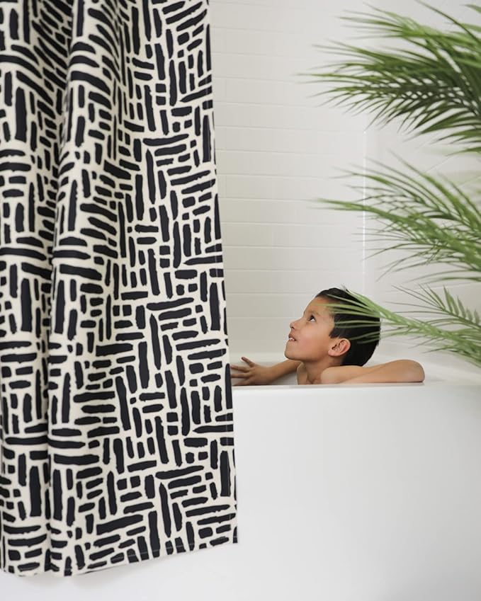 Modern Black and Ivory Brushstroke Print Shower Curtain - Abstract Minimalist Pattern - Neutral Design - Trendy Fabric Shower Curtain for Any Bathroom - 72x72 Inches (Brushstroke)