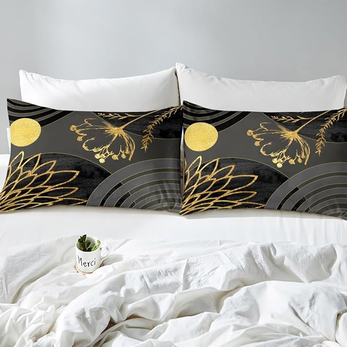 Erosebridal Gray Black Modern Queen Comforter Cover for Minimalist | Abstract Mid Century Duvet Cover Bohemian Leaf Floral Botanical Bed Set Aesthetic Modern Geometric Bedding Set