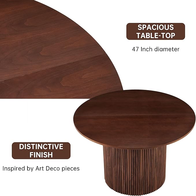 NORDICANA 3-Piece Round Dining Table Set for 2, Rustic 47-Inch Kitchen Table and Chair Set, Dining Set with Brown Upholstered Armchairs, Manufactured Wood Top with Walnut Veneer