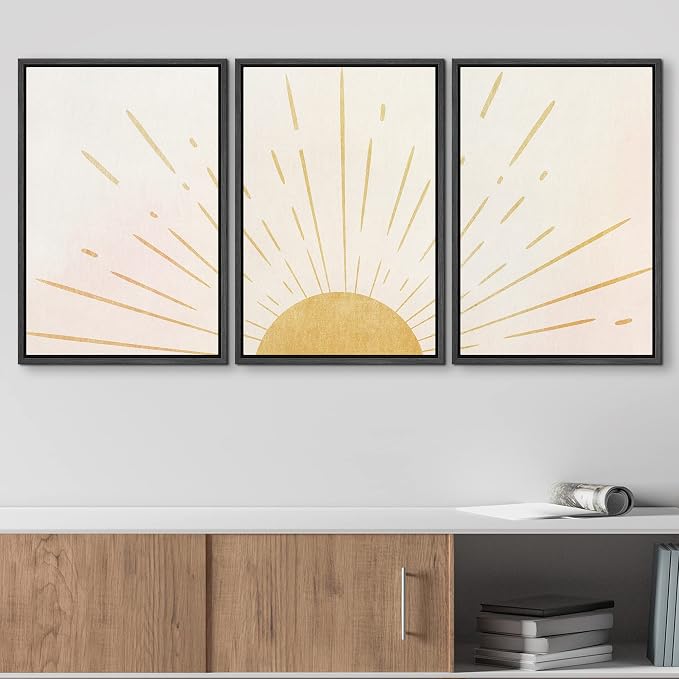 wall26 Framed Wall Art Print Set Shining Yellow Sun on The Horizon Geometric Nature Illustrations Modern Art Mid-Century Modern Colorful for Living Room, Bedroom, Office Natural - 16"x24"x3 Black