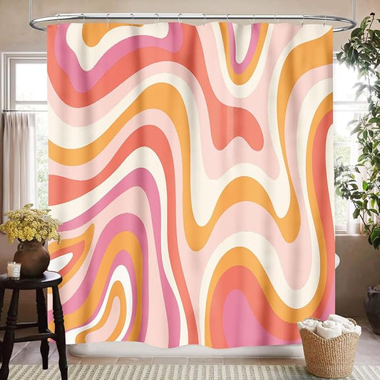 Hippie Shower Curtain for Bathroom, Retro Groovy 70s Pink Wave Abstract Swirl Funky Trippy Vintage Boho Aesthetic Waterproof Fabric Shower Curtain Set with Hooks, 72"x78"
