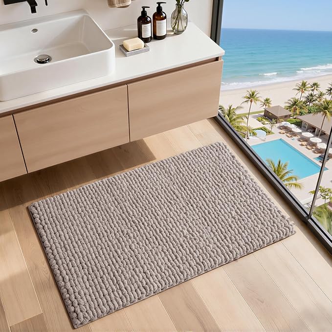 LUMI Luxury Bathroom Rug, Ultra Soft Quick Dry Bath Mat, Non-Slip Absorbent Thick Chenille Bath Rug, Cozy Braid Design Floor Mat for Bathtub, Sink, Laundry, Bedroom, Beige, 24"x43"