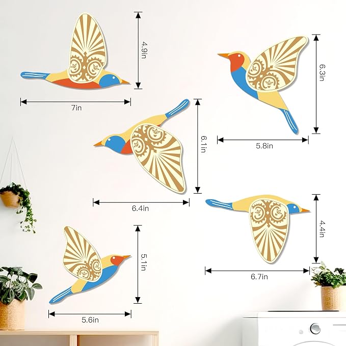 KOYILTD 5 Piece Bird Wood Wall Sculptures Wooden Wall Art Decor Scandinavian Home Decorations Flying Bird Wall Decor Farmhouse Wall Art for Home Living Room Bathroom Dining Room (Multicolor)