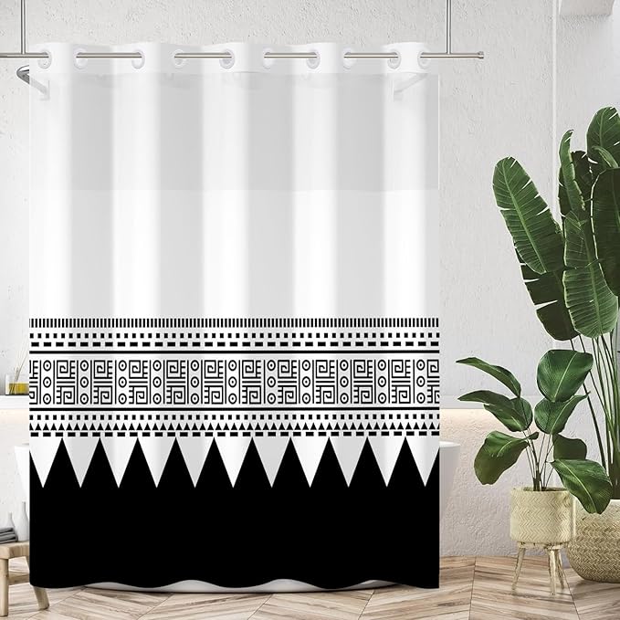 Black and White Shower Curtain Snap in Liner Waterproof Fabric Shower Curtains for Bathroom Classical Pattern of Modern Black Striped Triangle Pattern Polyester Bath Curtain Sets No Hook 71x74 Inch