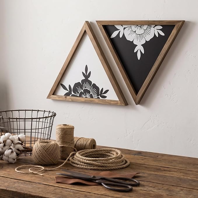 flangairy Floral Wall Decor Wooden Botanical Wall Art Framed Boho Wood Geometric Triangles Black White Bedroom Bathroom Room Home Decorations