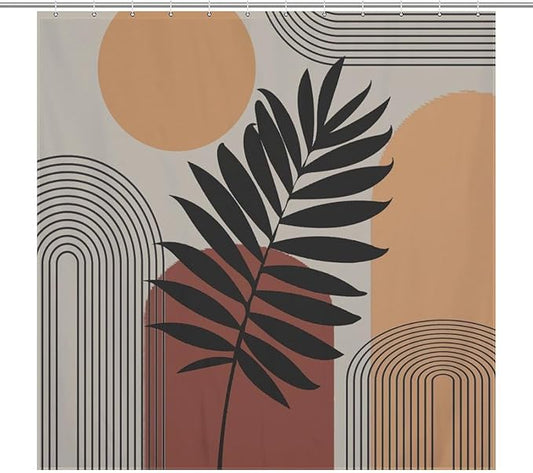 Boho Mid Century Shower Curtain, Sun Brown Leaves Rainbow Color Blocks Modern Artistic Waterproof Shower Curtains for Bathroom Decor 12 Pack Hooks 72x72in (183x183cm)