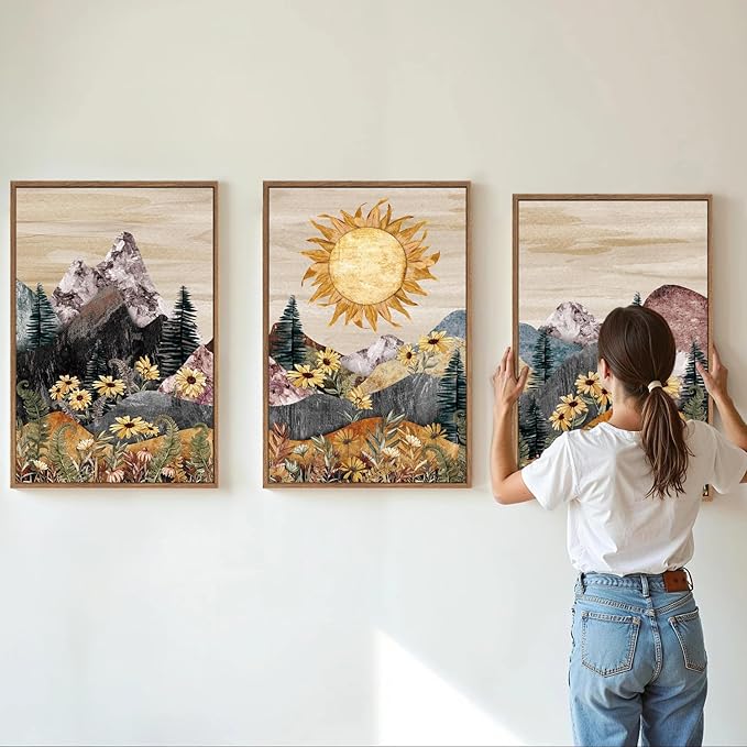 Rantodecor Boho Mountain Framed Canvas Wall Art, Western Daisy Floral Landscape Wall Decor, Rustic Fern Flowers Art Painting, Modern Fantasy Nature Sun Artwork for Bedroom Living Room Office 16"x24"x3