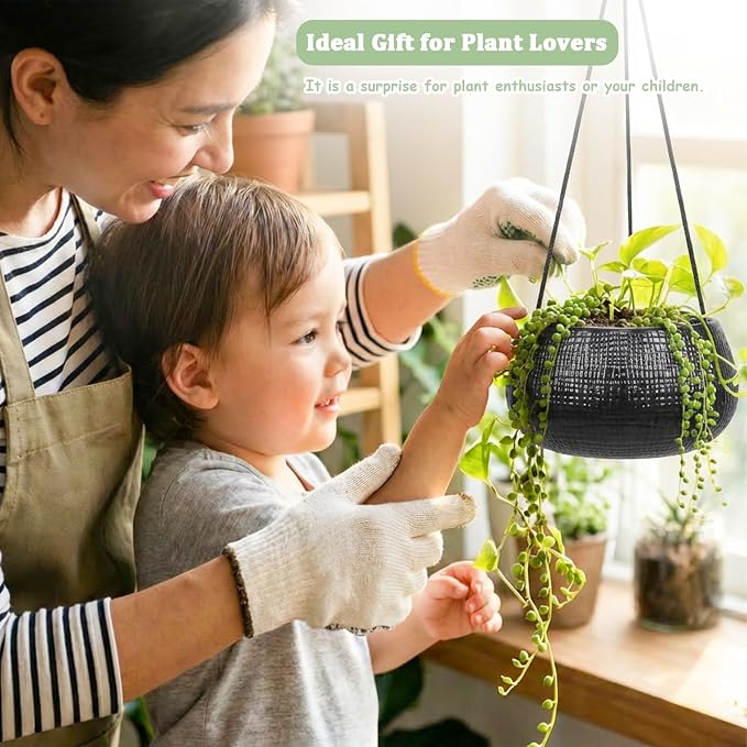 8 Inch Hanging Planters for Indoor Plants - Small Hanging Flower Pots with Drainage Holes Round Ceramics Hanging Plant Pots Black