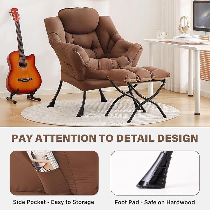 Tiita Lazy Chair with Ottoman, Brown Modern Large Accent Chair, Comfy Leisure Sofa Armchair with Ottoman, Reading Chair with Footrest for Bedroom, Living Room, Dorm Rooms, Brown