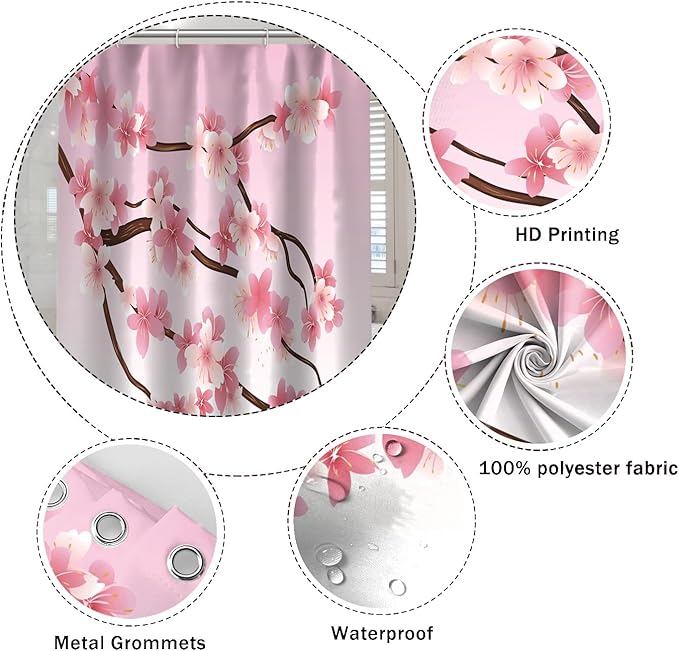 Cherry Blossom Shower Curtain Romance Pink Floral Branches Shower Curtains for Girly Woman Bathroom Accessories Waterproof Polyester Fabric with Hooks, 72 x 72 Inch