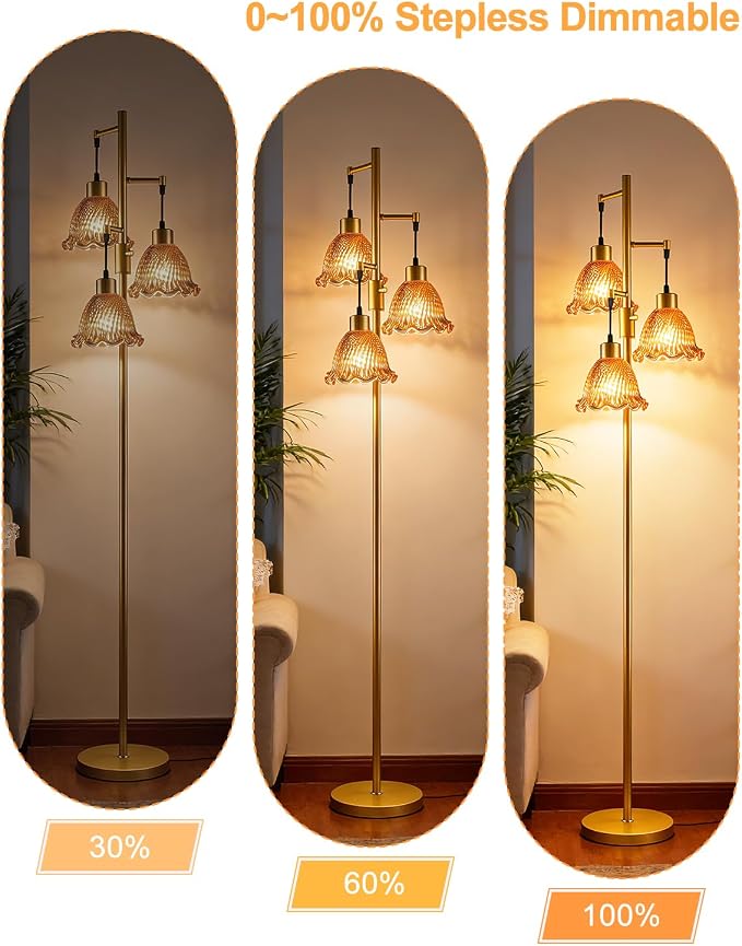 3-Light Modern Glass Floor Lamp, Gold Standing Tall Lamp with Deep Red Glass Shade for Reading, Dimmable LED Floor Lamp with 5Lbs Heavy Base for Living Room Bedroom Home Decor, Bulb Included