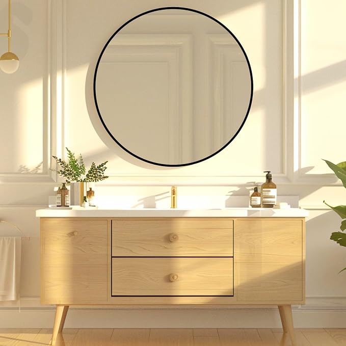 Black Round Mirror 18 inch, Black Circle Mirror, Round Wall Mirrors for Bathroom, Living Room, Hallway, Vanity, Over Sink, Mantel