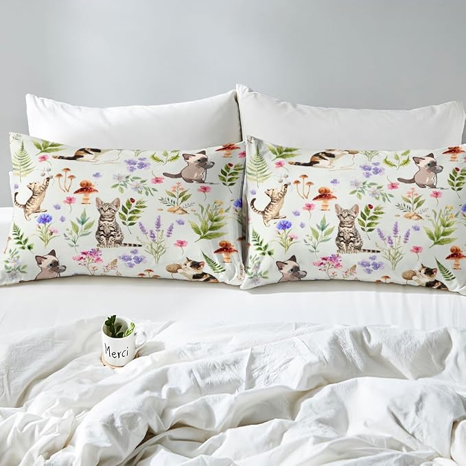 Erosebridal Cute Cat Duvet Cover King Kitten Cat Lovers Bedding Set Pale Green Boho Watercolor Floral Comforter Cover for Kids Girls Boys Adults Funny Pet Animal Bed Set