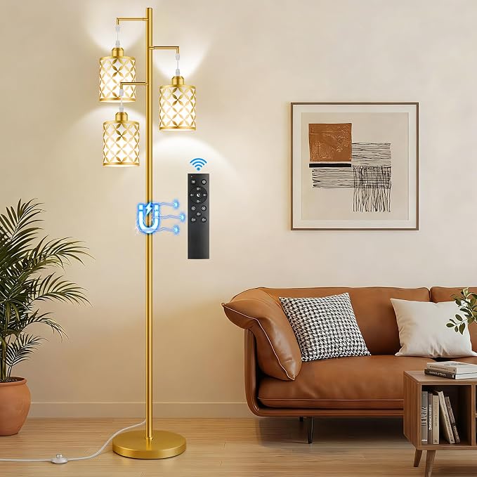 Dimmable Floor Lamp, Farmhouse Standing Lamp with Elegant Metal Cage, Industrial Tall Tree Floor Lamps for Living Room, Bedroom, Study Room, Office, 3 x 1100LM LED Bulbs Included, 72", Gold