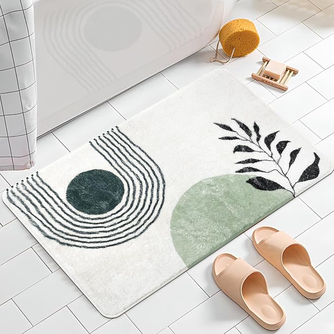 APROPHIC 20"X30" Boho Bath Rugs for Bathroom Decor Non-Slip Bath Mat Absorbent Plush Microfiber Soft Carpet Machine Washable Bath Mat for Sink, Showers, Laundry Rooms, Living Room, Green