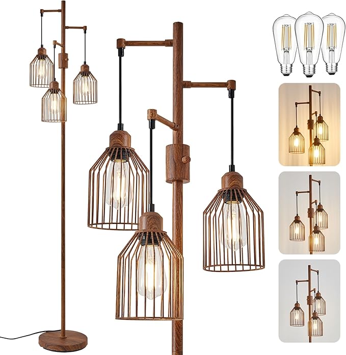 Dimmable Industrial Floor Lamp with 3 Cage Heads, Wood Grain Tree Standing Lamp with Stepless Dimming, Modern Farmhouse Tall Pole Light for Living Room, Bedroom, Office, E26 Base (Bulbs Included)