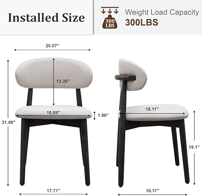 Farmhouse Dining Chairs Set of 2,Mid Century Modern Fabric Upholstered Kitchen Chairs,Wooden Dining Room Chair with Curved Back Black Leg for Kitchen Dining Room Restaurant Cafe,Linen Gray,Only Chairs
