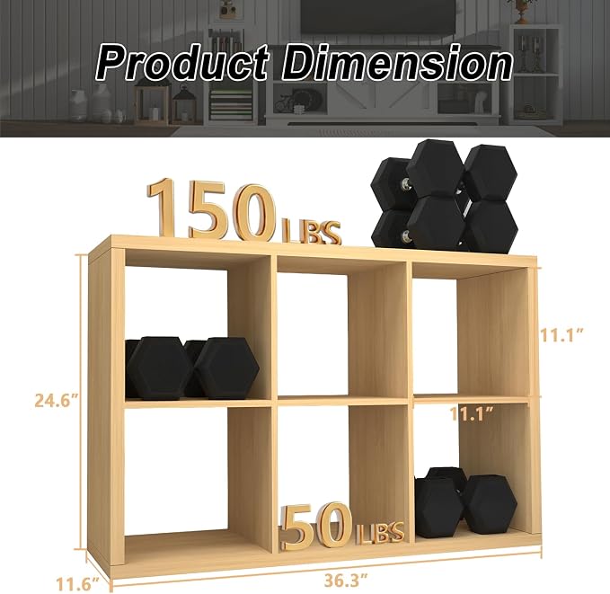 CTESNE【2026 Wooden Thick Frame 6 Cube Storage Organizer Shelf with Anti-Tipping Kits + Reversible Open Back Bookcase, Horizontal and Vertical Dual-use（Oak Color,11inch）