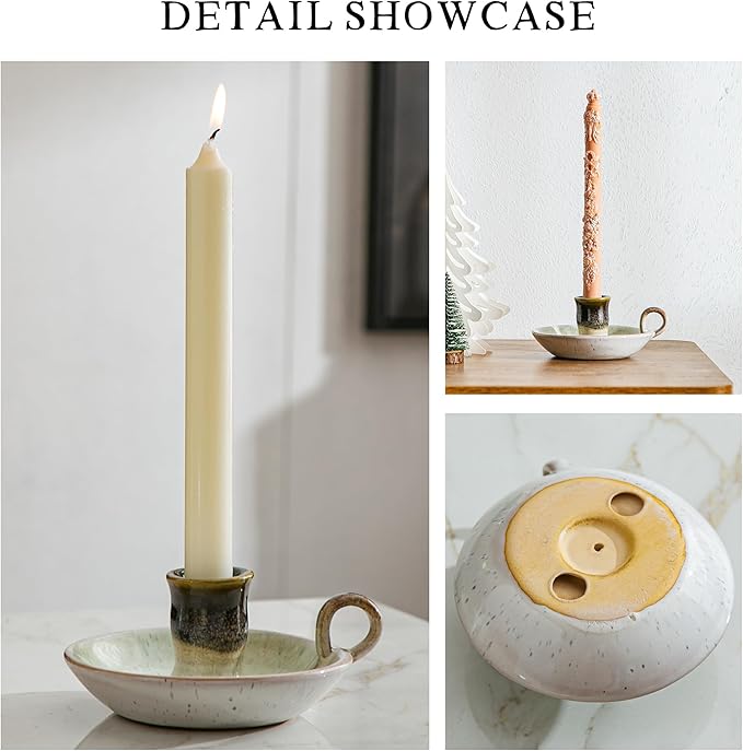 Candle Holder Ceramic Candlestick Holder, Candlelight Stand for Spell Candles, Taper Candles, and Incense, Halloween Christmas Dining Room Home Decoration Display-White and Green