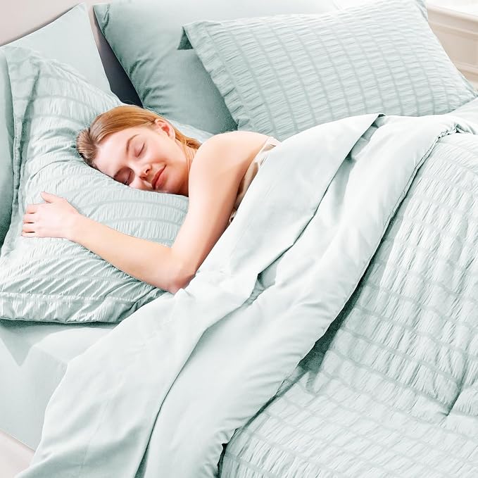 CozyLux Full Size Comforter Sets Ice Blue, 7 Pieces Seersucker Textured Luxury Bed in a Bag, All Seasons Soft Bedding Sets with Down Alternative Comforter, Sheets, Pillowcases & Shams, Home Gift