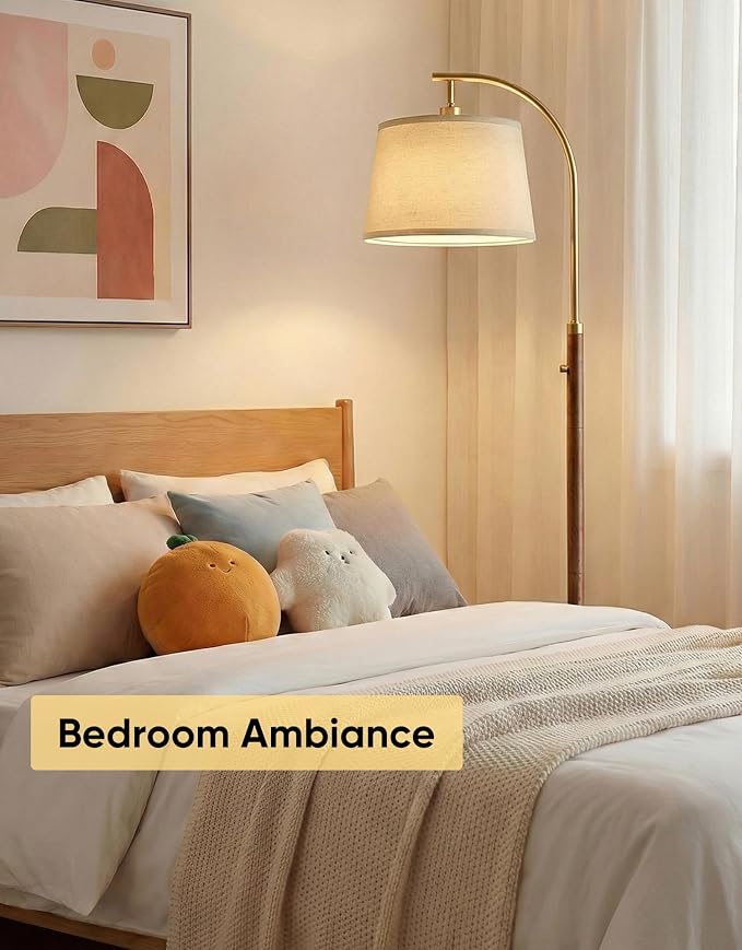 Dimmable Floor Lamp for Living Room, 65" Tall Metal Standing Lamp with LED Bulb, Mid Century Modern Arc Floor Lamp with Linen Shade for Bedroom, Reading Room, Office & Nursery, Gold and Walnut Color