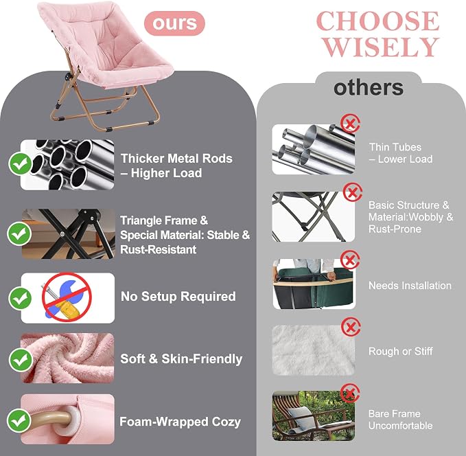 Furlide Modern Pink Faux Fur Foldable Metal Frame Recliner Chair for Bedroom, Living Room, Balcony