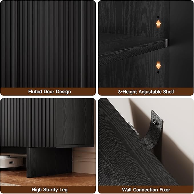 ONBRILL 63" Fluted Sideboard Buffet Cabinet with Storage, Large Sideboard Cabinet with Adjustable Shelves, Modern Credenza with 4 Doors, Kitchen Cabinets for Living Room, Entryway (Black)