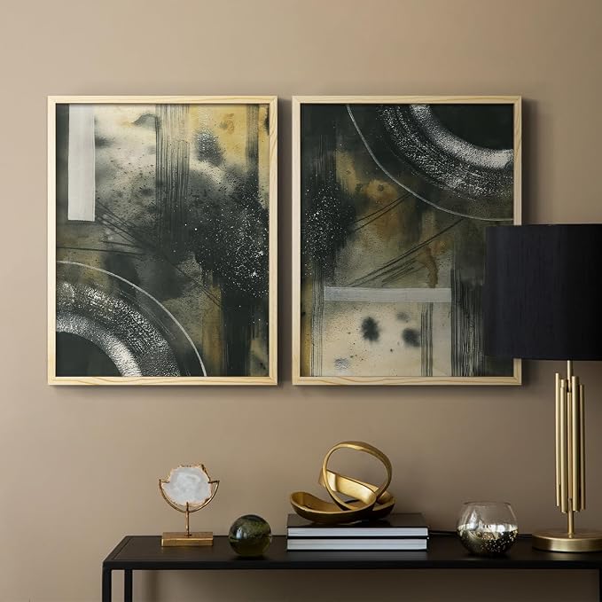 Renditions Gallery Set of 2 Peel & Stick Framed Prints, Moody Abstract Wall Art, Circular and Splattered Effects Wall Decor, Re-Stickable - Ready to Hang - 8"x10" - NATURAL WOOD Frame LT588