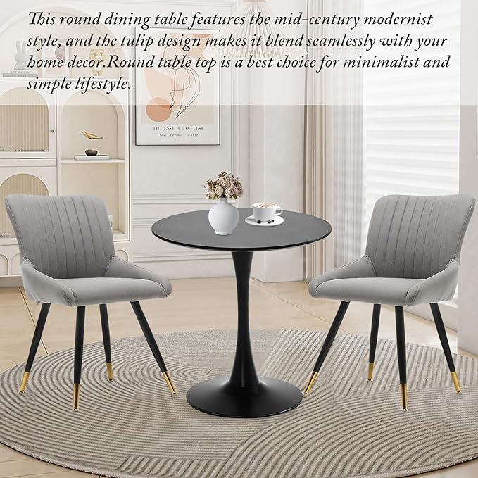Black Round Dining Table, 27.6" Tulip Table Kitchen Round Dining Table for 1-2 People with MDF Table Top and Metal Pedestal Base, Mid-Century Leisure Table for Home, Dining Room, Cafe