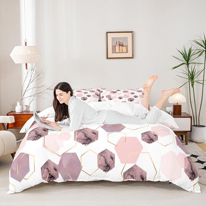 Erosebridal Modern Pink Duvet Cover for Bedroom - Marbling Geometric Art Kids Bedding, Girly Abstract Golden Striped Bed Cover for Home Decor, King 3 Pieces