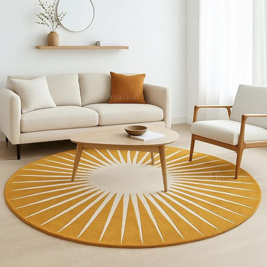 Modern Round Area Rug – Hand-Tufted with 100% NZ Wool, Thick & Soft Circular Carpet for Living Room, Bedroom & Dining Room Decor (Mustard, 7' Round)