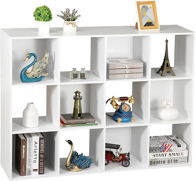 SUPER DEAL 12-Compartment Open Shelf Bookcase, 47 inch Wide Cube Storage Cabinet Wood Cubical Bookshelves Display Unit with 6 Removable Back Panels for Living Room Bedroom, White