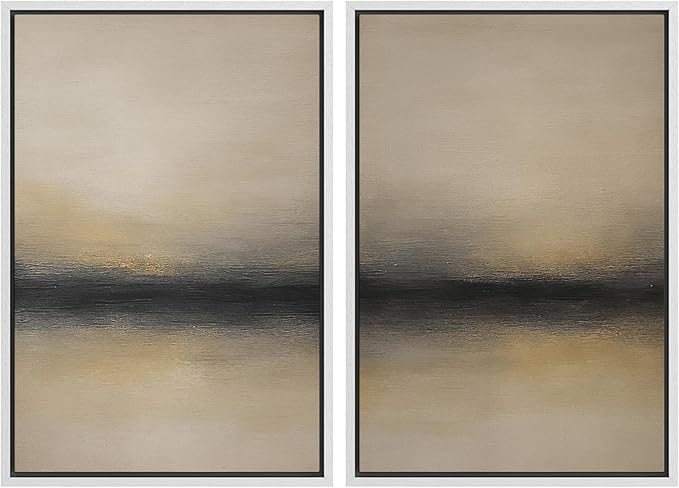 MUDECOR Framed Canvas Print Wall Art Abstract Sunset Horizon Modern Minimalist Beige and Black Illustrations Modern Art Decorative Bohemian Colorful for Living Room, Bedroom, Office - 24"x36"x2 White