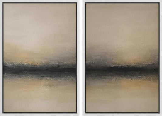 MUDECOR Framed Canvas Print Wall Art Abstract Sunset Horizon Modern Minimalist Beige and Black Illustrations Modern Art Decorative Bohemian Colorful for Living Room, Bedroom, Office - 24"x36"x2 White