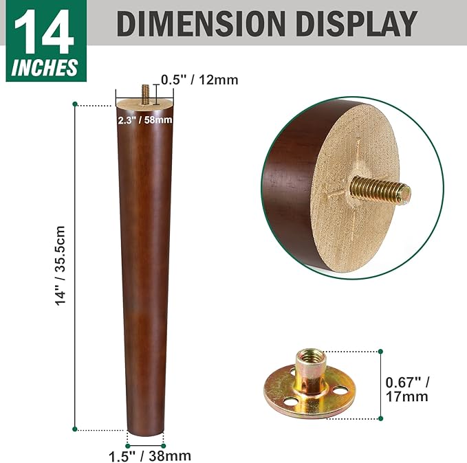 FoDau770 Brown Rubber Wood Furniture Legs 14 Inches, 5/16" UNC Straight Tapered Wood Feet Mid Century Sofa Legs, Wooden Furniture Feet Replacement Parts for Cabinet Couch Dresser Chair Ottoman Table