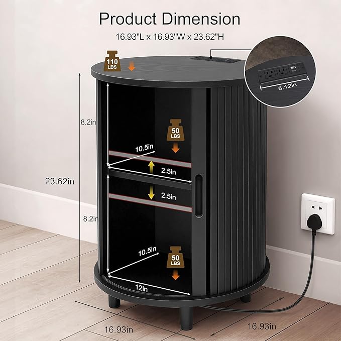 DHH Round End Table with Storage & Charging Station, Fluted Accent Side Table with Sliding Door & Adjustable Shelf, Mid-Century Nightstand for Small Spaces, Living Room, Bedroom (1, Black)