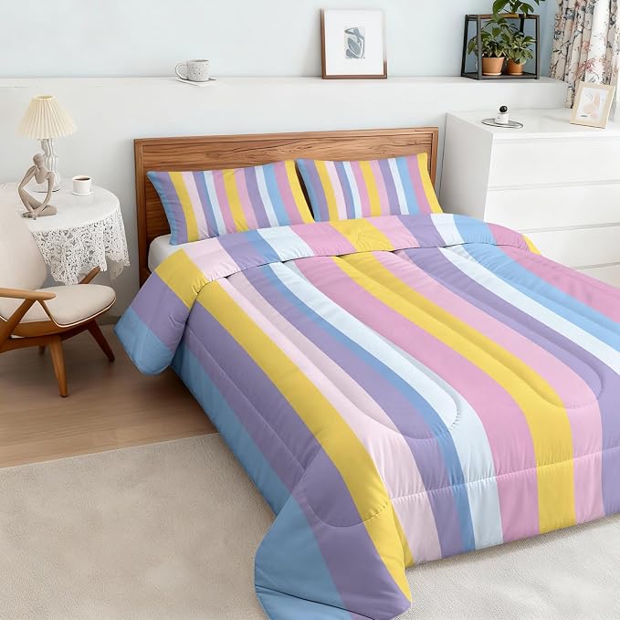 Rainbow Stripe Queen Size Comforter Sets 3 Piece, Colorful Stripes Printed Pattern, Soft All Season Bed Comforter & 2 Pillow Sham, Kids Striped Bedroom Decor Reversible Bedding D-GM14