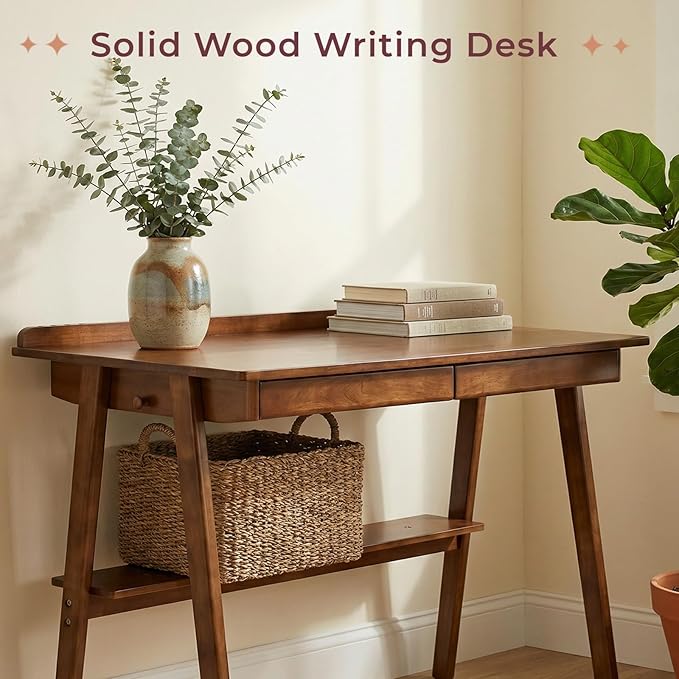 Solid Wood Writing Desk, Mid Century Modern Home Office Desk for Small Spaces with 2 Drawers Storage Shelf Side Hooks Walnut