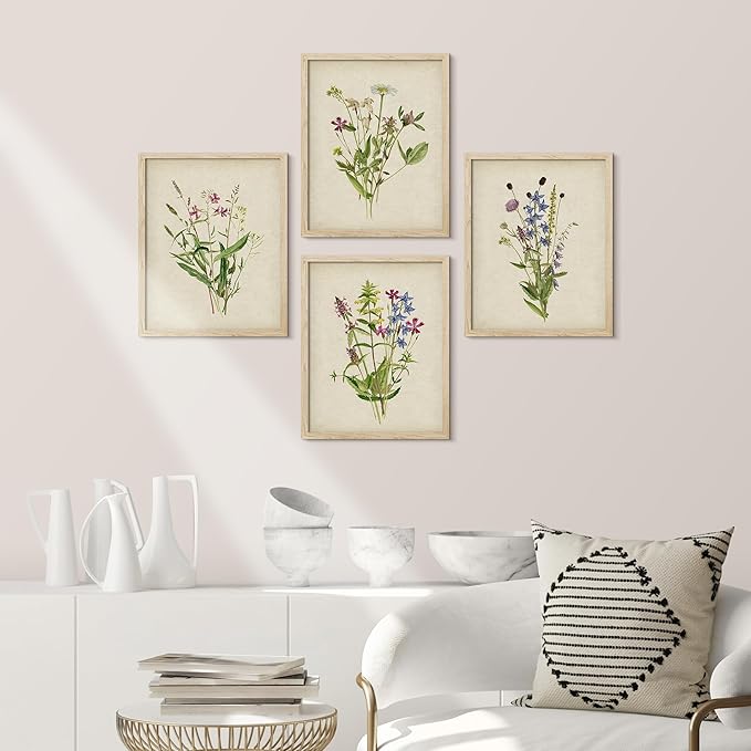 SIGNWIN Framed Watercolor Floral Botanical Wall Art, Set of 4 Vintage Wall Decor Prints, Minimalist Wall Décor for Living Room, Bedroom - 11"x14" Natural