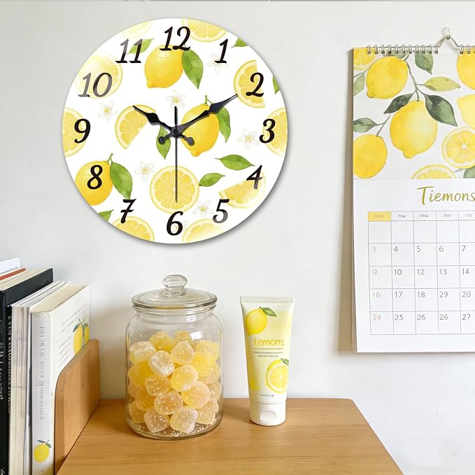 peacoblue Wall Clocks Battery Operated 12 Inch Lemon Glass Round Wall Clock Non Ticking for Kitchen Living Room Dining Room Bedroom and Bathroom Decor Accessories (Battery not Included)