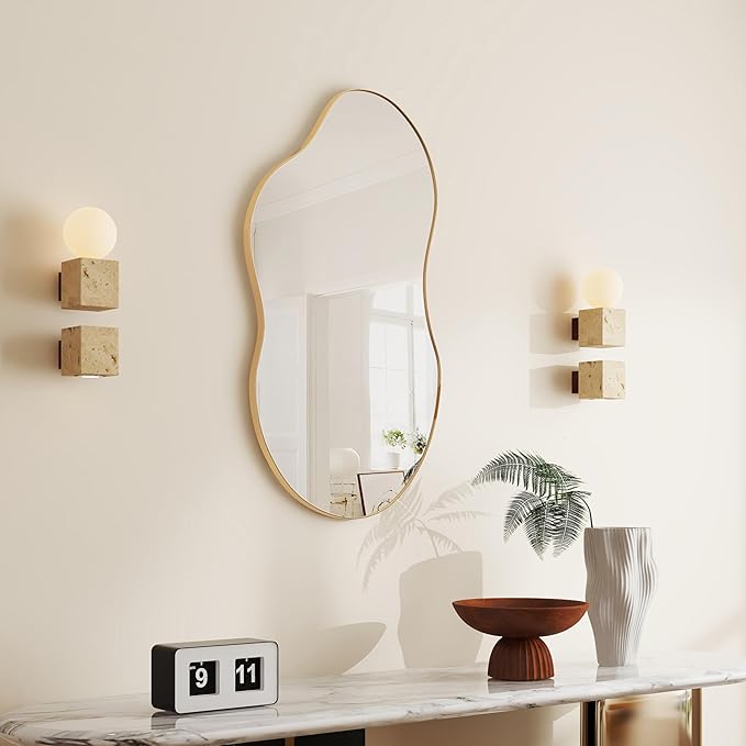 SHYFOY Irregular Wall Mirror Decorative, 20"x36" Antique-Gold Asymmetrical Mirror for Wall Decor Wavy Accent Mirrors for Living Room Bathroom Bedroom Entryway, Abstract Irregular Shape Curvy Mirror