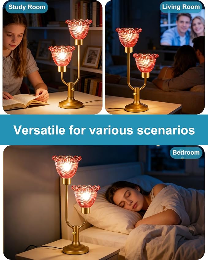 Lightdot Flower Glass Red Table Lamp Dimmable Mid Century Modern Vintage Gold Desk Lamp Nightstand Lamp 2 Bulbs Included Warmwhite Ambient Bedside Lamps for Living Room Bedroom Home Office Decor Gift