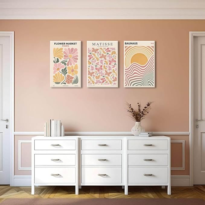 BingruiArt Boho Abstract Wall Art Yellow Canvas Flower Market Posters Set of 3 Bauhaus Pictures Matisse Print Floral Aesthetic Painting Decor for Dorm Living Room Bedroom 16"x24" Framed