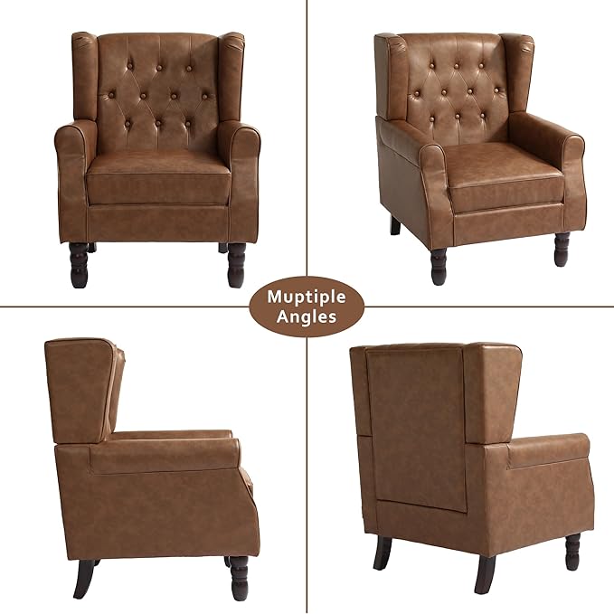 Faux Leather Accent Chair, High Back Upholstered Chair with Button Tufted, Mid-Century Modern Comfy Wingback Chair Reading Armchair for Living Room for Bedroom, Office-P Brown