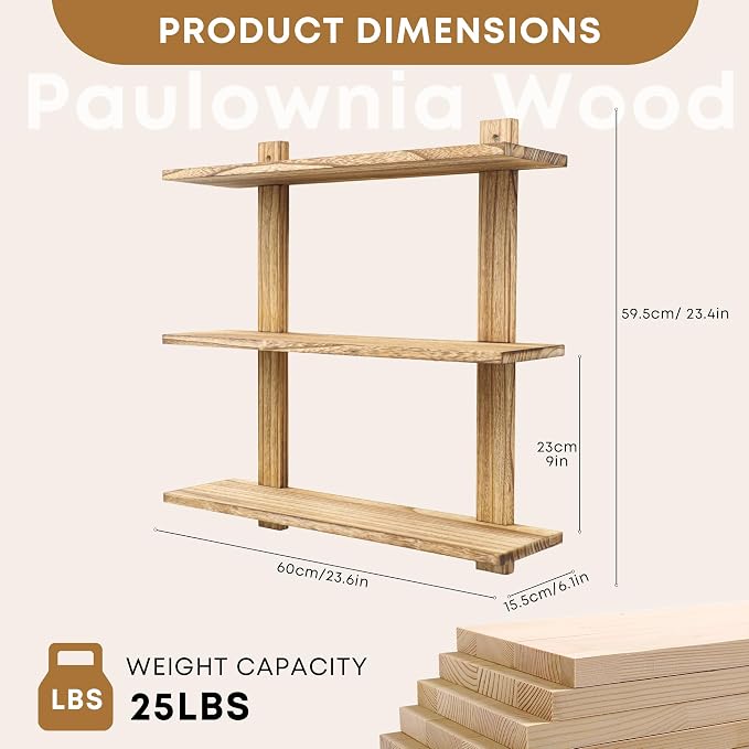 PHOENANCEE 3 Tier Floating Shelves,Long Wall Shelf,Over The Toilet Shelves Bathroom Hanging Display Storage Rustic for Living Room Bedroom Kitchen Office Coffee Bar Decor Decorative,24 Inch