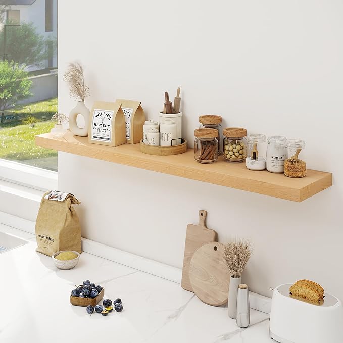 Floating Shelves for Wall, USA-Sourced Beech Wood 48 Inch Long Wall Shelves, Natural Wooden Mounted Picture Ledge Shelf, Nursery Book Storage Shelf Kids Bookshelf, Display Shelf for Bathroom